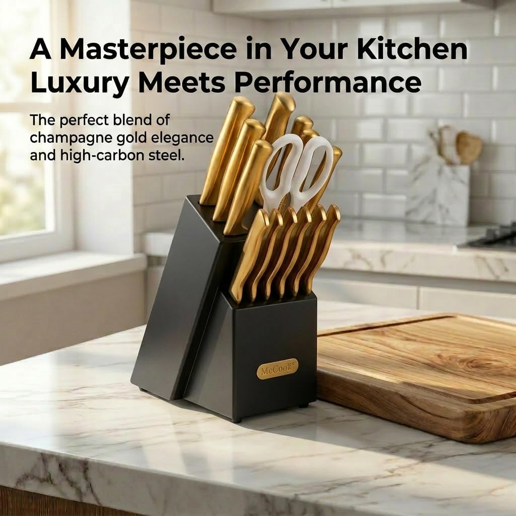 ® Knife Sets, German Stainless Steel Kitchen Knife Block Sets with Built-in Sharpener, 15 Piece Chef Knife and More, Razor Sharp, Restaurant Grade, Anti-Rust, Elegant Box for Gift
