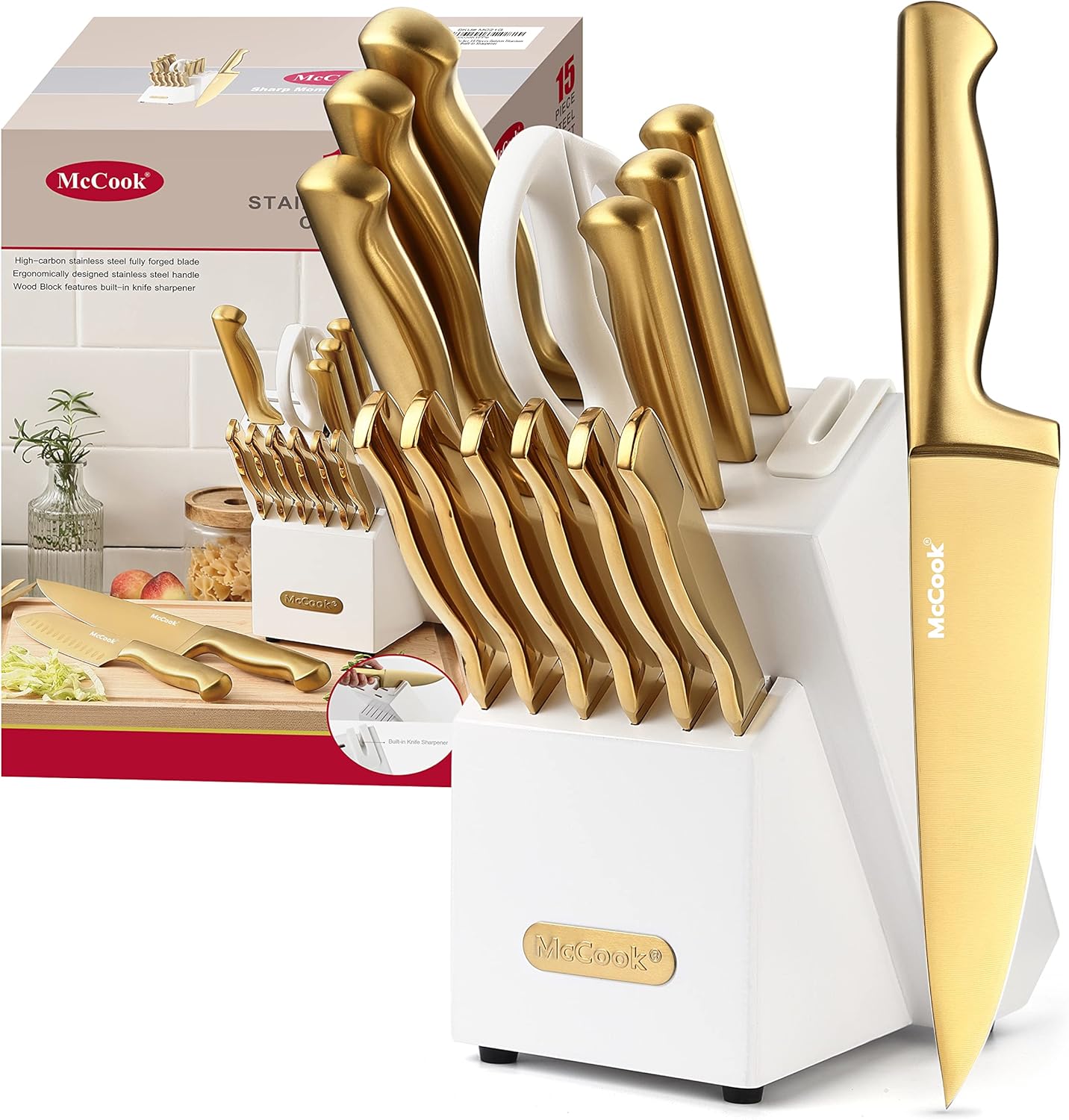 ® Knife Sets, German Stainless Steel Kitchen Knife Block Sets with Built-in Sharpener, 15 Piece Chef Knife and More, Razor Sharp, Restaurant Grade, Anti-Rust, Elegant Box for Gift