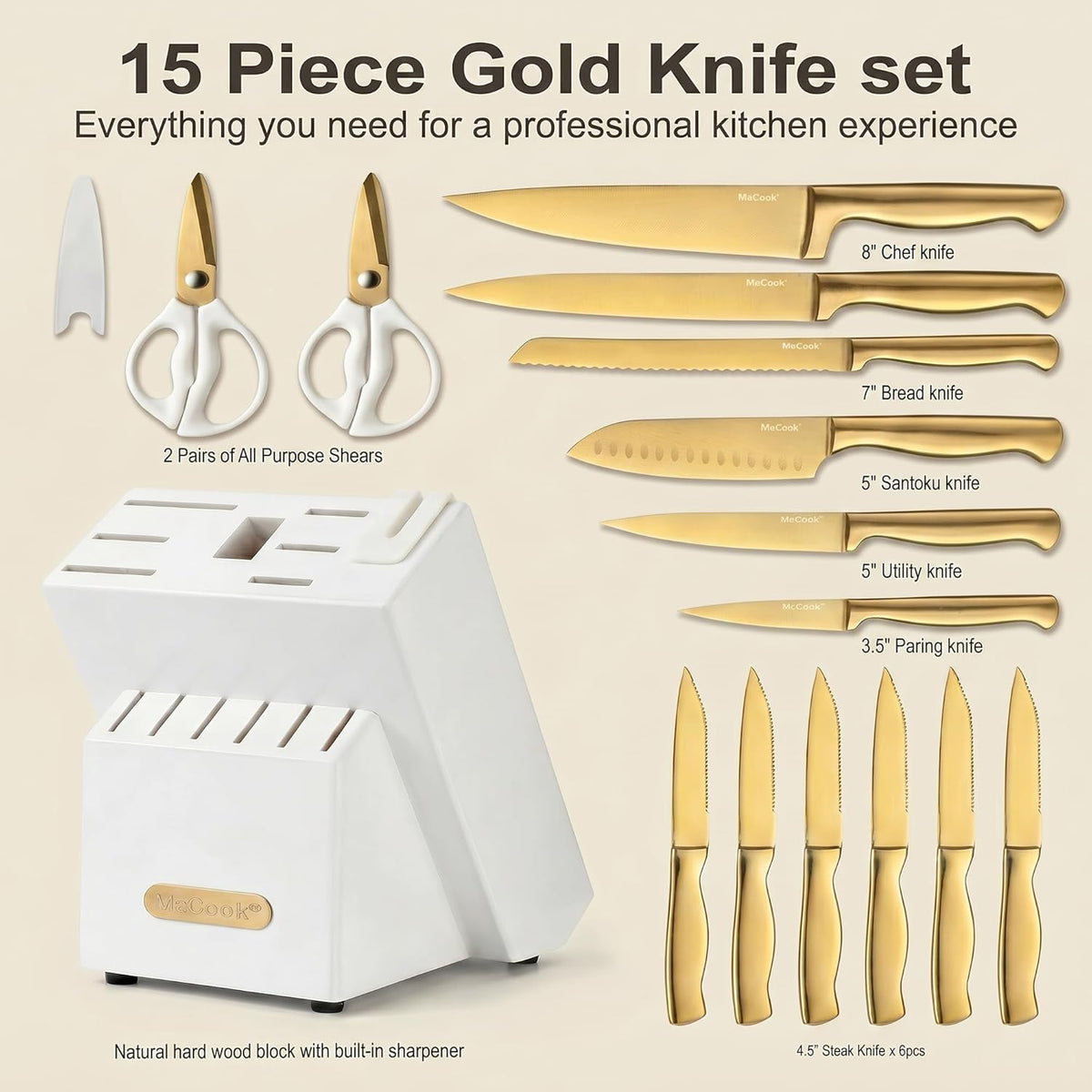 ® Knife Sets, German Stainless Steel Kitchen Knife Block Sets with Built-in Sharpener, 15 Piece Chef Knife and More, Razor Sharp, Restaurant Grade, Anti-Rust, Elegant Box for Gift