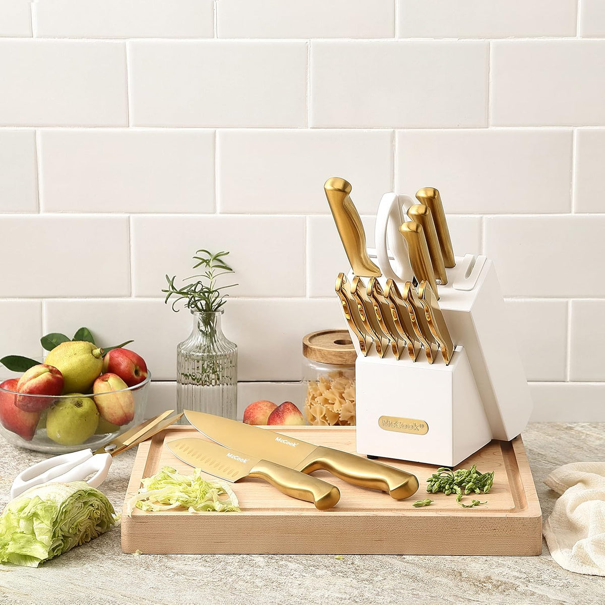® Knife Sets, German Stainless Steel Kitchen Knife Block Sets with Built-in Sharpener, 15 Piece Chef Knife and More, Razor Sharp, Restaurant Grade, Anti-Rust, Elegant Box for Gift