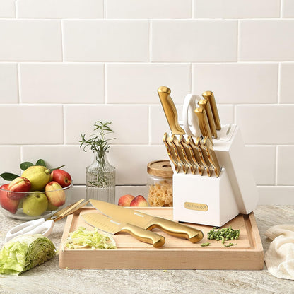 ® Knife Sets, German Stainless Steel Kitchen Knife Block Sets with Built-in Sharpener, 15 Piece Chef Knife and More, Razor Sharp, Restaurant Grade, Anti-Rust, Elegant Box for Gift