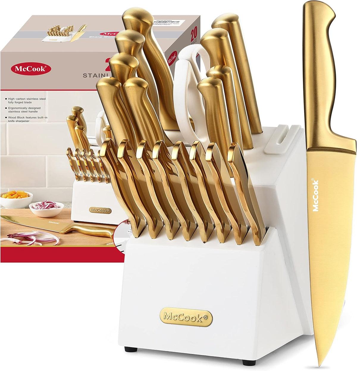 ® Knife Sets, German Stainless Steel Kitchen Knife Block Sets with Built-in Sharpener, 15 Piece Chef Knife and More, Razor Sharp, Restaurant Grade, Anti-Rust, Elegant Box for Gift
