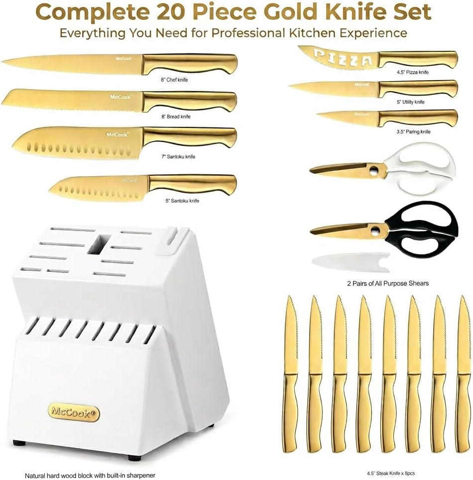 ® Knife Sets, German Stainless Steel Kitchen Knife Block Sets with Built-in Sharpener, 15 Piece Chef Knife and More, Razor Sharp, Restaurant Grade, Anti-Rust, Elegant Box for Gift