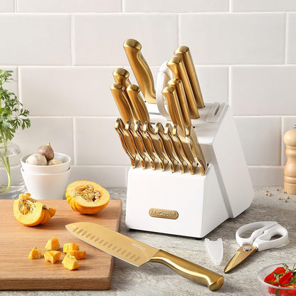 ® Knife Sets, German Stainless Steel Kitchen Knife Block Sets with Built-in Sharpener, 15 Piece Chef Knife and More, Razor Sharp, Restaurant Grade, Anti-Rust, Elegant Box for Gift