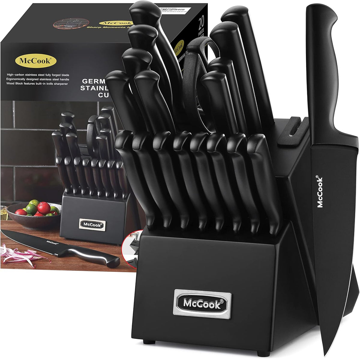 ® Knife Sets, German Stainless Steel Kitchen Knife Block Sets with Built-in Sharpener, 15 Piece Chef Knife and More, Razor Sharp, Restaurant Grade, Anti-Rust, Elegant Box for Gift