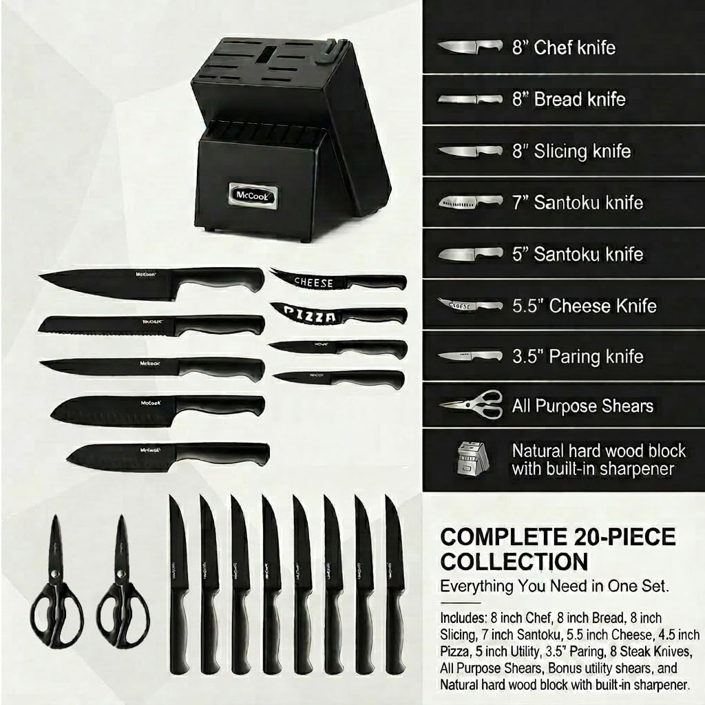 ® Knife Sets, German Stainless Steel Kitchen Knife Block Sets with Built-in Sharpener, 15 Piece Chef Knife and More, Razor Sharp, Restaurant Grade, Anti-Rust, Elegant Box for Gift