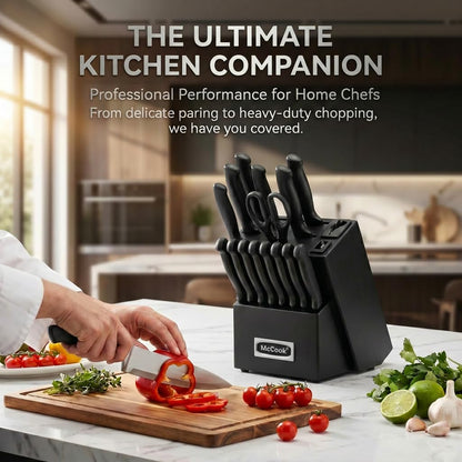® Knife Sets, German Stainless Steel Kitchen Knife Block Sets with Built-in Sharpener, 15 Piece Chef Knife and More, Razor Sharp, Restaurant Grade, Anti-Rust, Elegant Box for Gift