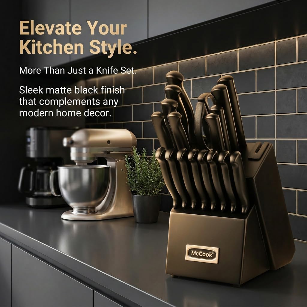 ® Knife Sets, German Stainless Steel Kitchen Knife Block Sets with Built-in Sharpener, 15 Piece Chef Knife and More, Razor Sharp, Restaurant Grade, Anti-Rust, Elegant Box for Gift