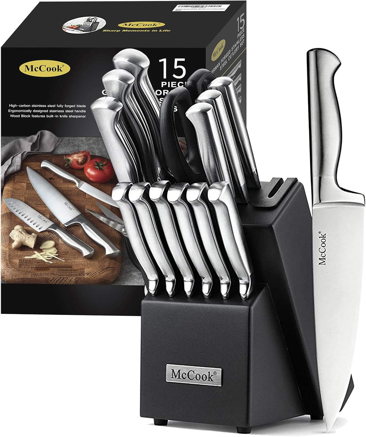 ® Knife Sets, German Stainless Steel Kitchen Knife Block Sets with Built-in Sharpener, 15 Piece Chef Knife and More, Razor Sharp, Restaurant Grade, Anti-Rust, Elegant Box for Gift