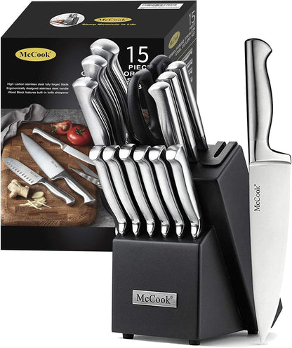 ® Knife Sets, German Stainless Steel Kitchen Knife Block Sets with Built-in Sharpener, 15 Piece Chef Knife and More, Razor Sharp, Restaurant Grade, Anti-Rust, Elegant Box for Gift
