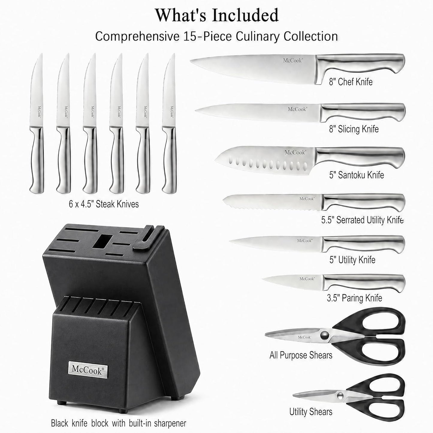 ® Knife Sets, German Stainless Steel Kitchen Knife Block Sets with Built-in Sharpener, 15 Piece Chef Knife and More, Razor Sharp, Restaurant Grade, Anti-Rust, Elegant Box for Gift