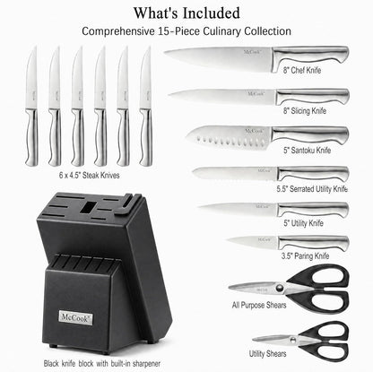 ® Knife Sets, German Stainless Steel Kitchen Knife Block Sets with Built-in Sharpener, 15 Piece Chef Knife and More, Razor Sharp, Restaurant Grade, Anti-Rust, Elegant Box for Gift