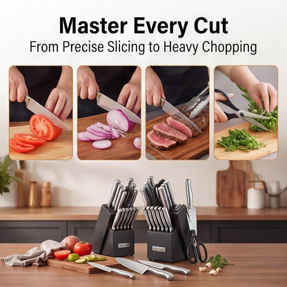 ® Knife Sets, German Stainless Steel Kitchen Knife Block Sets with Built-in Sharpener, 15 Piece Chef Knife and More, Razor Sharp, Restaurant Grade, Anti-Rust, Elegant Box for Gift