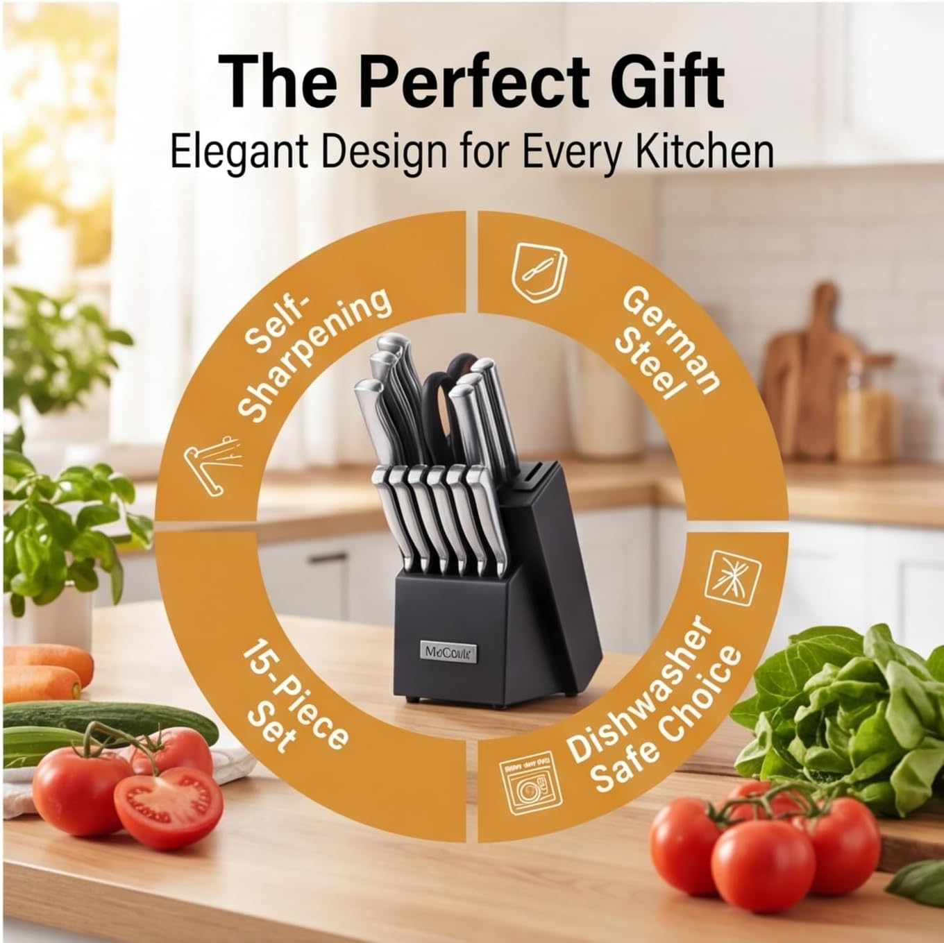 ® Knife Sets, German Stainless Steel Kitchen Knife Block Sets with Built-in Sharpener, 15 Piece Chef Knife and More, Razor Sharp, Restaurant Grade, Anti-Rust, Elegant Box for Gift