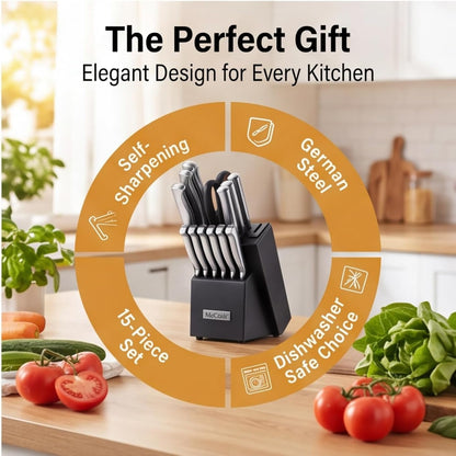 ® Knife Sets, German Stainless Steel Kitchen Knife Block Sets with Built-in Sharpener, 15 Piece Chef Knife and More, Razor Sharp, Restaurant Grade, Anti-Rust, Elegant Box for Gift