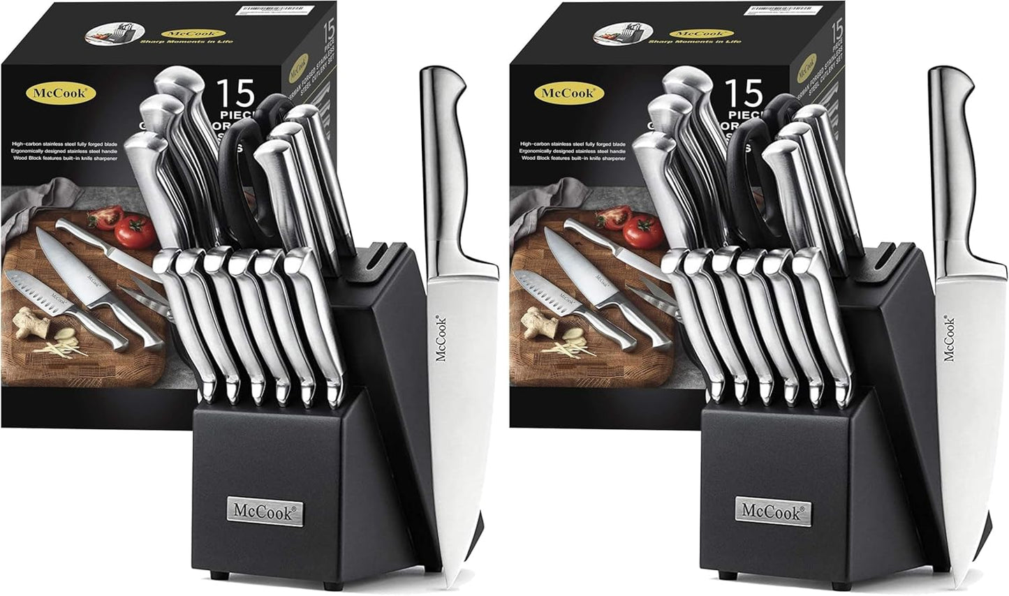 ® Knife Sets, German Stainless Steel Kitchen Knife Block Sets with Built-in Sharpener, 15 Piece Chef Knife and More, Razor Sharp, Restaurant Grade, Anti-Rust, Elegant Box for Gift