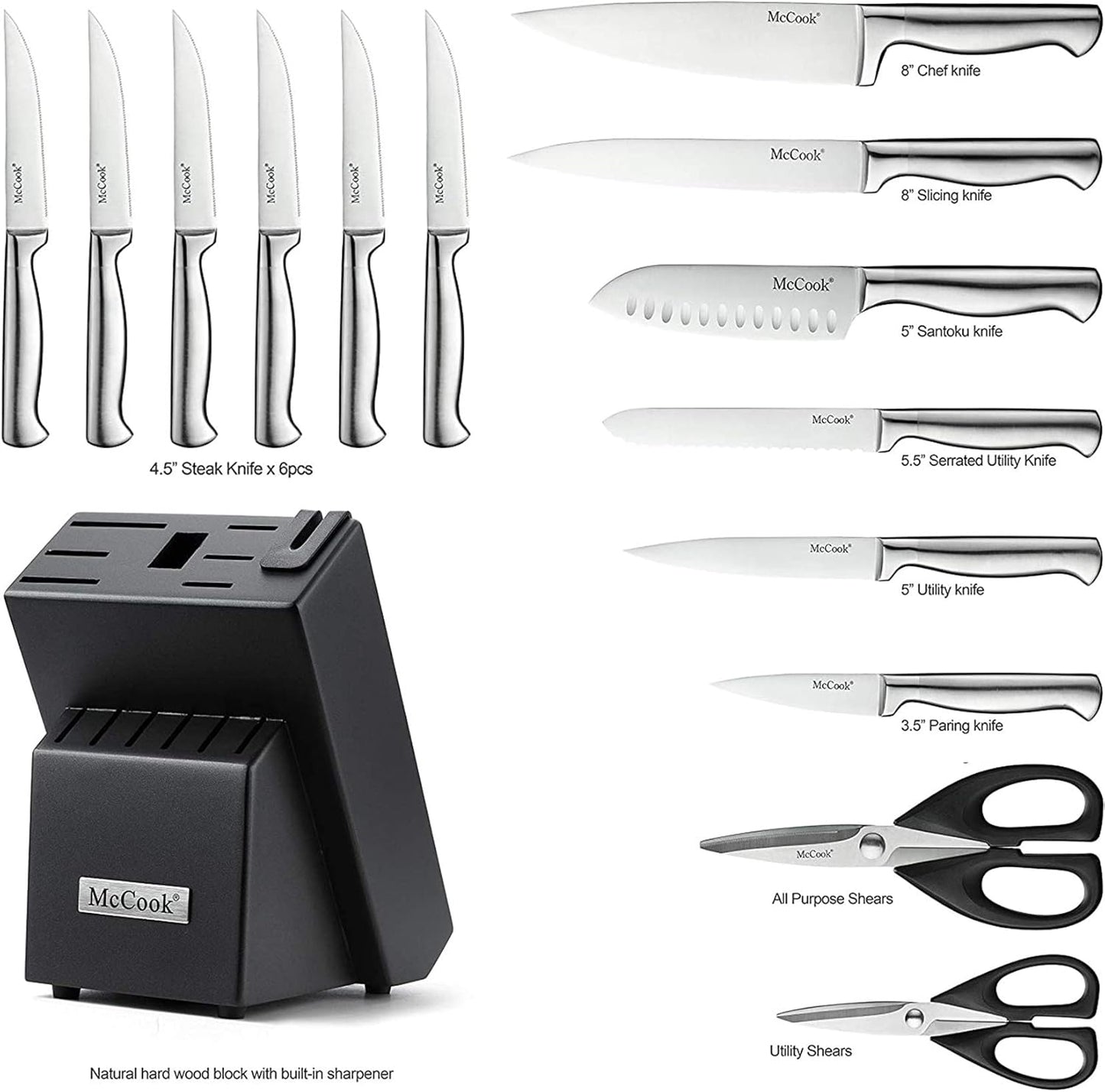 ® Knife Sets, German Stainless Steel Kitchen Knife Block Sets with Built-in Sharpener, 15 Piece Chef Knife and More, Razor Sharp, Restaurant Grade, Anti-Rust, Elegant Box for Gift