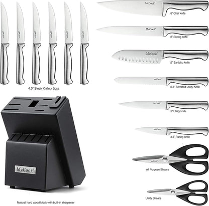 ® Knife Sets, German Stainless Steel Kitchen Knife Block Sets with Built-in Sharpener, 15 Piece Chef Knife and More, Razor Sharp, Restaurant Grade, Anti-Rust, Elegant Box for Gift