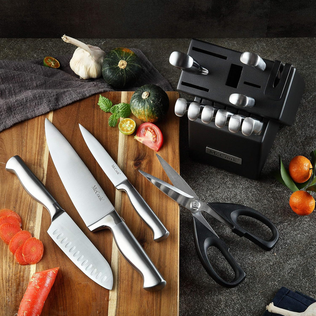 ® Knife Sets, German Stainless Steel Kitchen Knife Block Sets with Built-in Sharpener, 15 Piece Chef Knife and More, Razor Sharp, Restaurant Grade, Anti-Rust, Elegant Box for Gift