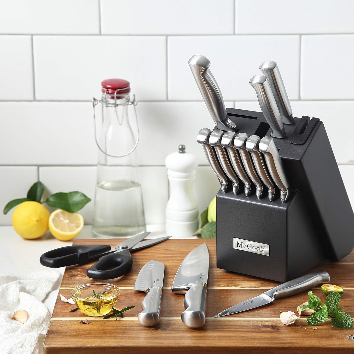 ® Knife Sets, German Stainless Steel Kitchen Knife Block Sets with Built-in Sharpener, 15 Piece Chef Knife and More, Razor Sharp, Restaurant Grade, Anti-Rust, Elegant Box for Gift
