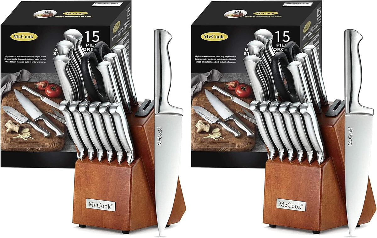 ® Knife Sets, German Stainless Steel Kitchen Knife Block Sets with Built-in Sharpener, 15 Piece Chef Knife and More, Razor Sharp, Restaurant Grade, Anti-Rust, Elegant Box for Gift
