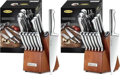 ® Knife Sets, German Stainless Steel Kitchen Knife Block Sets with Built-in Sharpener, 15 Piece Chef Knife and More, Razor Sharp, Restaurant Grade, Anti-Rust, Elegant Box for Gift