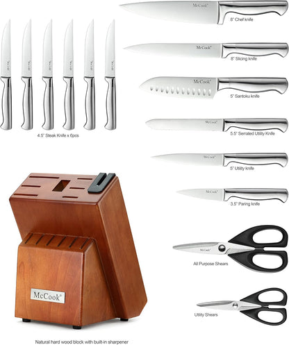 ® Knife Sets, German Stainless Steel Kitchen Knife Block Sets with Built-in Sharpener, 15 Piece Chef Knife and More, Razor Sharp, Restaurant Grade, Anti-Rust, Elegant Box for Gift