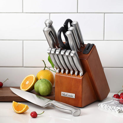 ® Knife Sets, German Stainless Steel Kitchen Knife Block Sets with Built-in Sharpener, 15 Piece Chef Knife and More, Razor Sharp, Restaurant Grade, Anti-Rust, Elegant Box for Gift