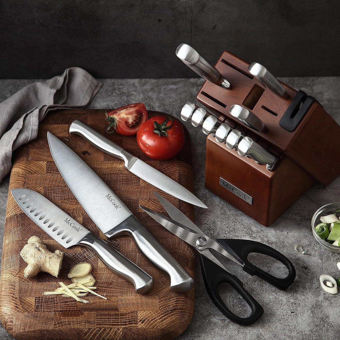 ® Knife Sets, German Stainless Steel Kitchen Knife Block Sets with Built-in Sharpener, 15 Piece Chef Knife and More, Razor Sharp, Restaurant Grade, Anti-Rust, Elegant Box for Gift