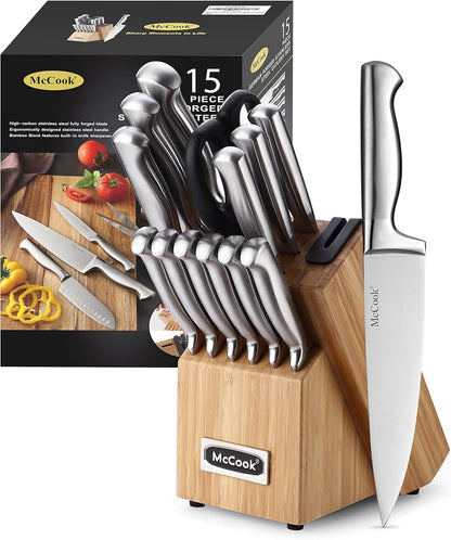 ® Knife Sets, German Stainless Steel Kitchen Knife Block Sets with Built-in Sharpener, 15 Piece Chef Knife and More, Razor Sharp, Restaurant Grade, Anti-Rust, Elegant Box for Gift