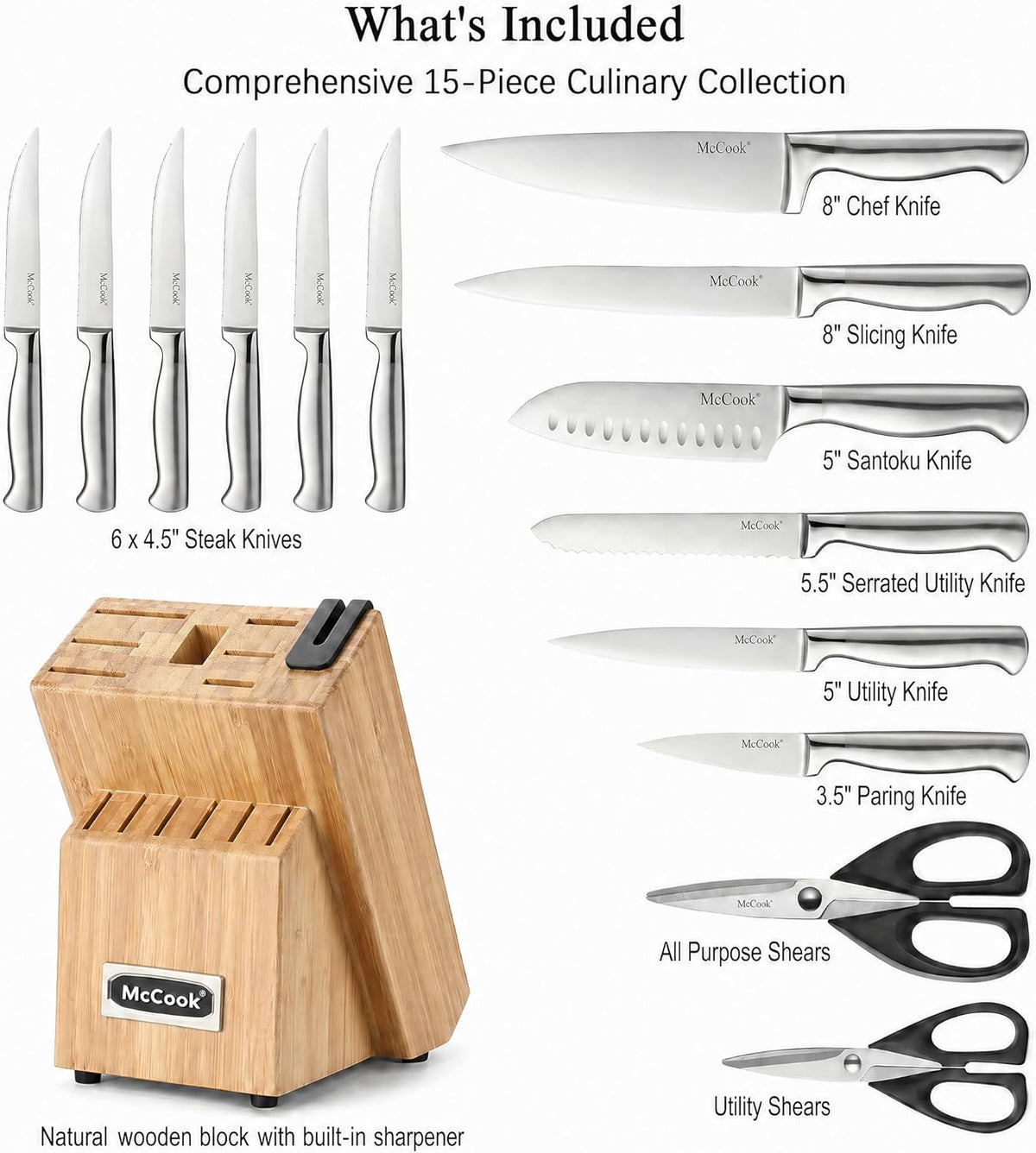 ® Knife Sets, German Stainless Steel Kitchen Knife Block Sets with Built-in Sharpener, 15 Piece Chef Knife and More, Razor Sharp, Restaurant Grade, Anti-Rust, Elegant Box for Gift