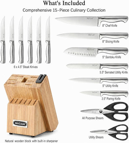 ® Knife Sets, German Stainless Steel Kitchen Knife Block Sets with Built-in Sharpener, 15 Piece Chef Knife and More, Razor Sharp, Restaurant Grade, Anti-Rust, Elegant Box for Gift