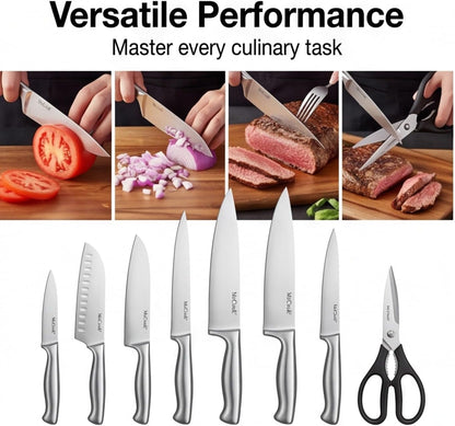 ® Knife Sets, German Stainless Steel Kitchen Knife Block Sets with Built-in Sharpener, 15 Piece Chef Knife and More, Razor Sharp, Restaurant Grade, Anti-Rust, Elegant Box for Gift