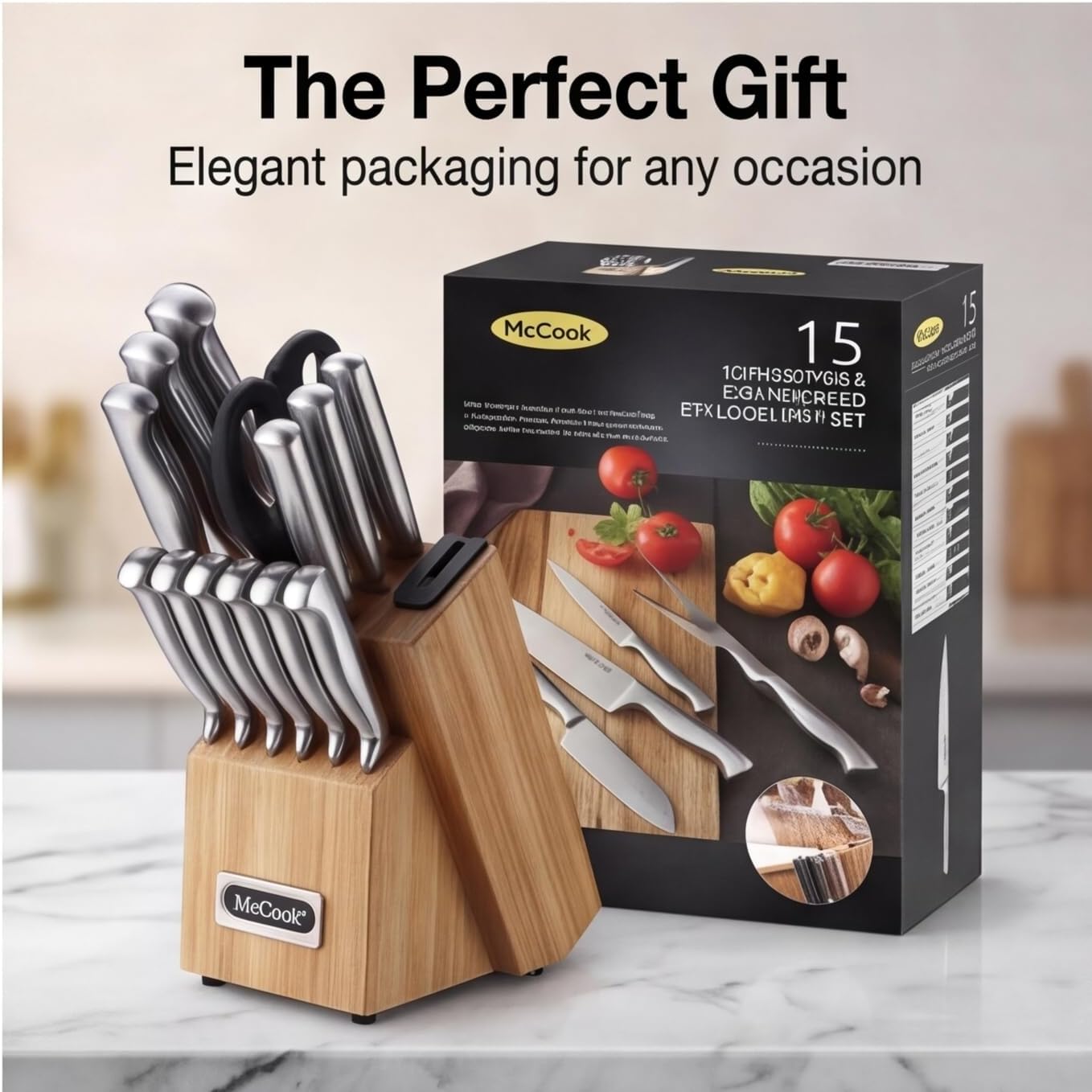 ® Knife Sets, German Stainless Steel Kitchen Knife Block Sets with Built-in Sharpener, 15 Piece Chef Knife and More, Razor Sharp, Restaurant Grade, Anti-Rust, Elegant Box for Gift