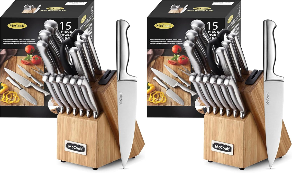 ® Knife Sets, German Stainless Steel Kitchen Knife Block Sets with Built-in Sharpener, 15 Piece Chef Knife and More, Razor Sharp, Restaurant Grade, Anti-Rust, Elegant Box for Gift