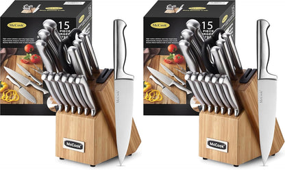 ® Knife Sets, German Stainless Steel Kitchen Knife Block Sets with Built-in Sharpener, 15 Piece Chef Knife and More, Razor Sharp, Restaurant Grade, Anti-Rust, Elegant Box for Gift