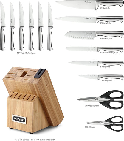® Knife Sets, German Stainless Steel Kitchen Knife Block Sets with Built-in Sharpener, 15 Piece Chef Knife and More, Razor Sharp, Restaurant Grade, Anti-Rust, Elegant Box for Gift