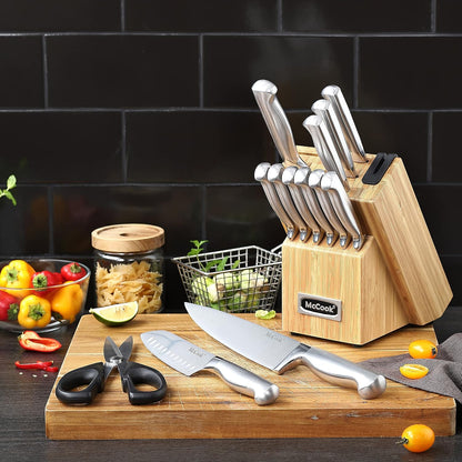 ® Knife Sets, German Stainless Steel Kitchen Knife Block Sets with Built-in Sharpener, 15 Piece Chef Knife and More, Razor Sharp, Restaurant Grade, Anti-Rust, Elegant Box for Gift
