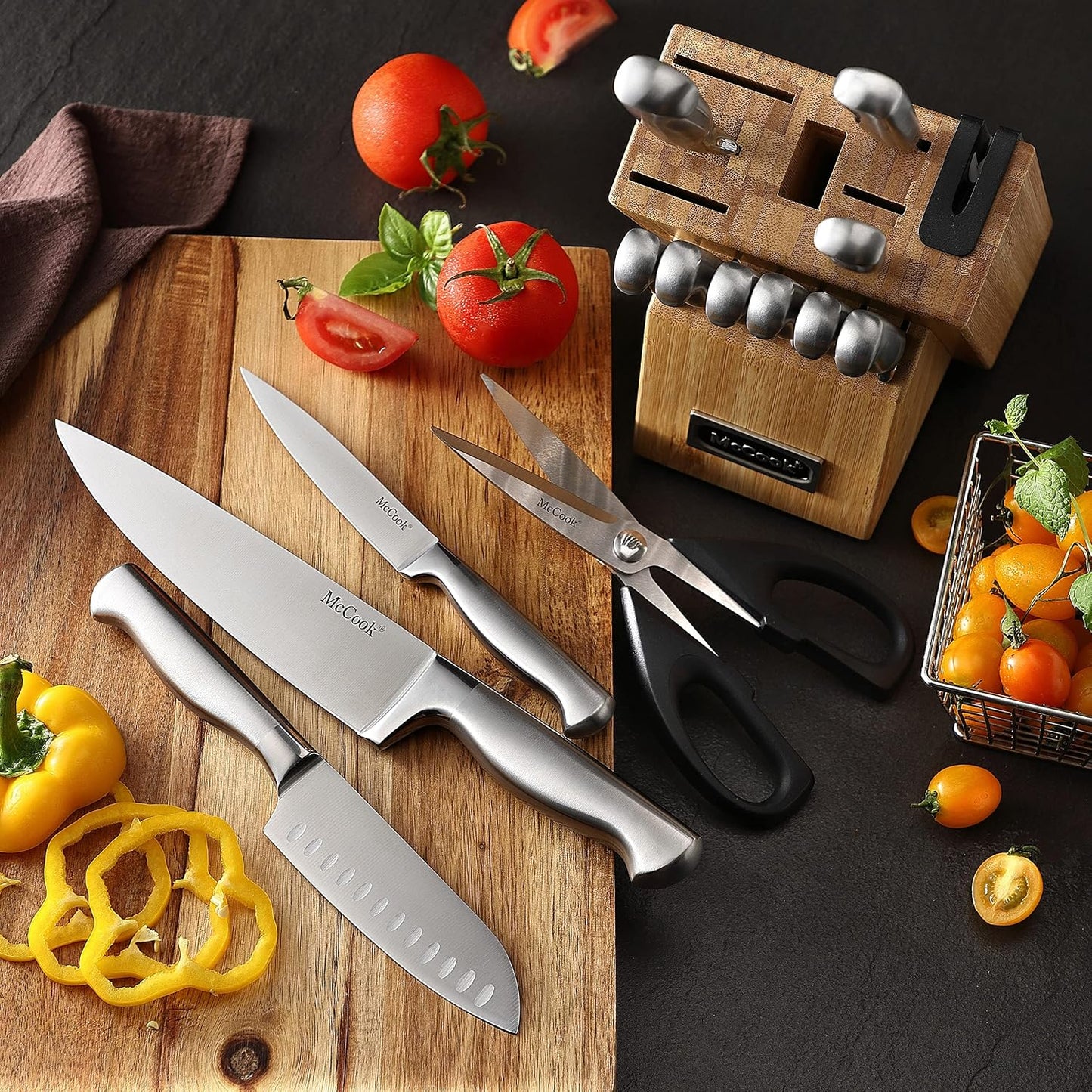 ® Knife Sets, German Stainless Steel Kitchen Knife Block Sets with Built-in Sharpener, 15 Piece Chef Knife and More, Razor Sharp, Restaurant Grade, Anti-Rust, Elegant Box for Gift