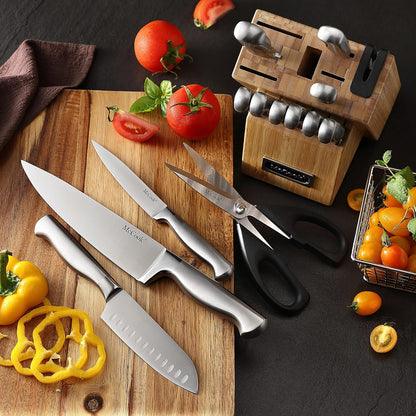 ® Knife Sets, German Stainless Steel Kitchen Knife Block Sets with Built-in Sharpener, 15 Piece Chef Knife and More, Razor Sharp, Restaurant Grade, Anti-Rust, Elegant Box for Gift