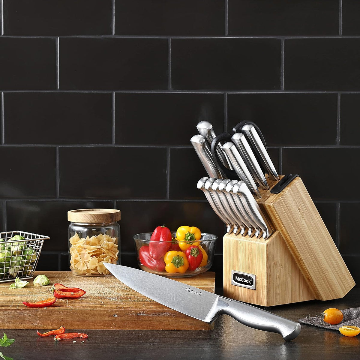 ® Knife Sets, German Stainless Steel Kitchen Knife Block Sets with Built-in Sharpener, 15 Piece Chef Knife and More, Razor Sharp, Restaurant Grade, Anti-Rust, Elegant Box for Gift