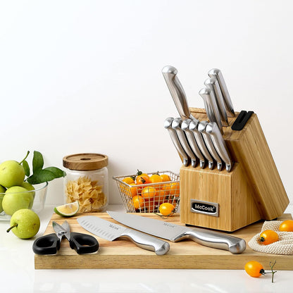 ® Knife Sets, German Stainless Steel Kitchen Knife Block Sets with Built-in Sharpener, 15 Piece Chef Knife and More, Razor Sharp, Restaurant Grade, Anti-Rust, Elegant Box for Gift