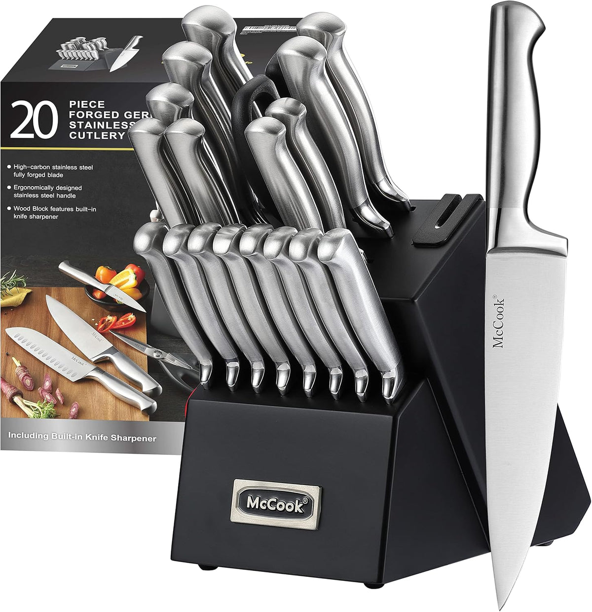 ® Knife Sets, German Stainless Steel Kitchen Knife Block Sets with Built-in Sharpener, 15 Piece Chef Knife and More, Razor Sharp, Restaurant Grade, Anti-Rust, Elegant Box for Gift