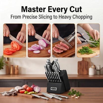 ® Knife Sets, German Stainless Steel Kitchen Knife Block Sets with Built-in Sharpener, 15 Piece Chef Knife and More, Razor Sharp, Restaurant Grade, Anti-Rust, Elegant Box for Gift