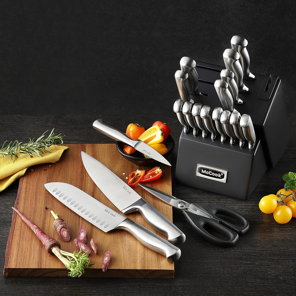 ® Knife Sets, German Stainless Steel Kitchen Knife Block Sets with Built-in Sharpener, 15 Piece Chef Knife and More, Razor Sharp, Restaurant Grade, Anti-Rust, Elegant Box for Gift