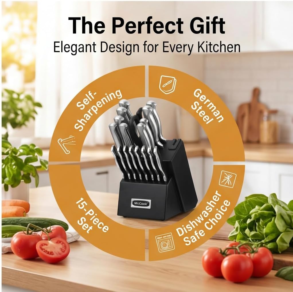 ® Knife Sets, German Stainless Steel Kitchen Knife Block Sets with Built-in Sharpener, 15 Piece Chef Knife and More, Razor Sharp, Restaurant Grade, Anti-Rust, Elegant Box for Gift