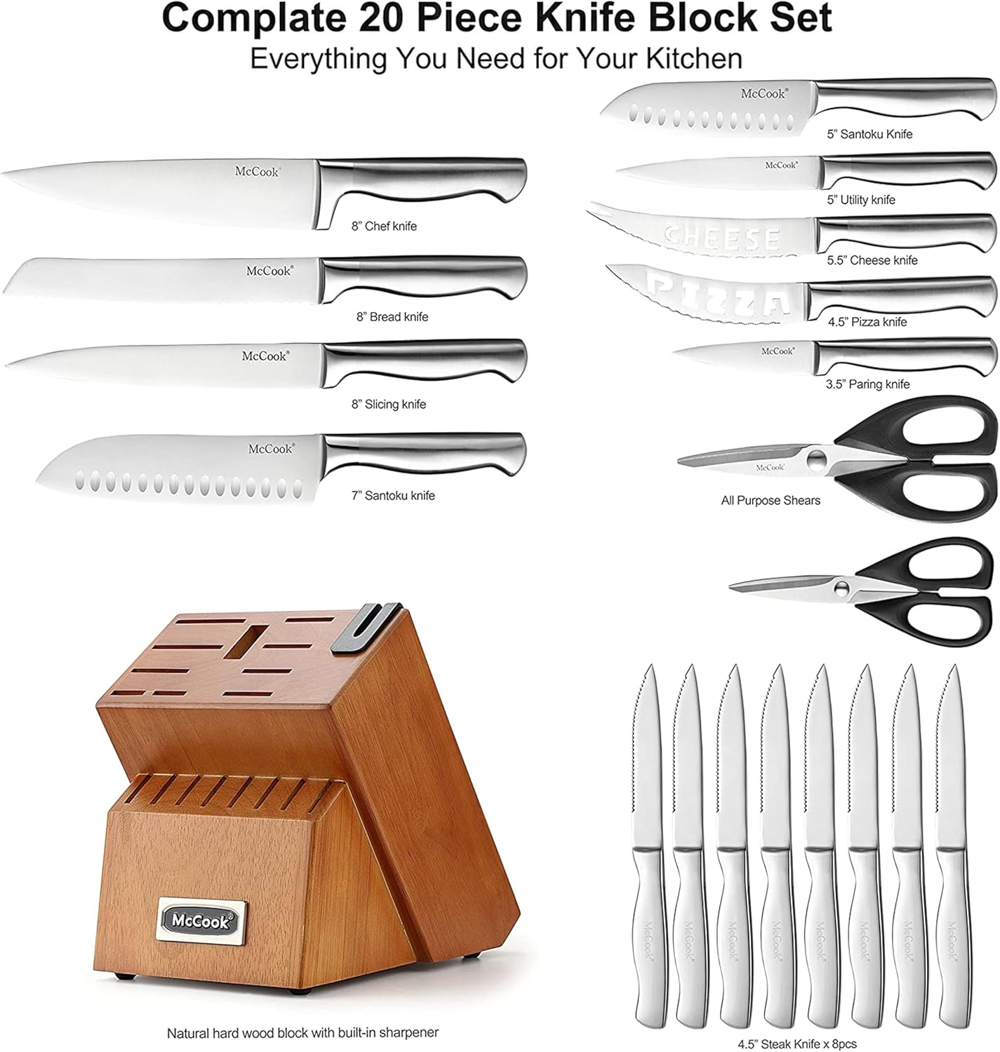 ® Knife Sets, German Stainless Steel Kitchen Knife Block Sets with Built-in Sharpener, 15 Piece Chef Knife and More, Razor Sharp, Restaurant Grade, Anti-Rust, Elegant Box for Gift