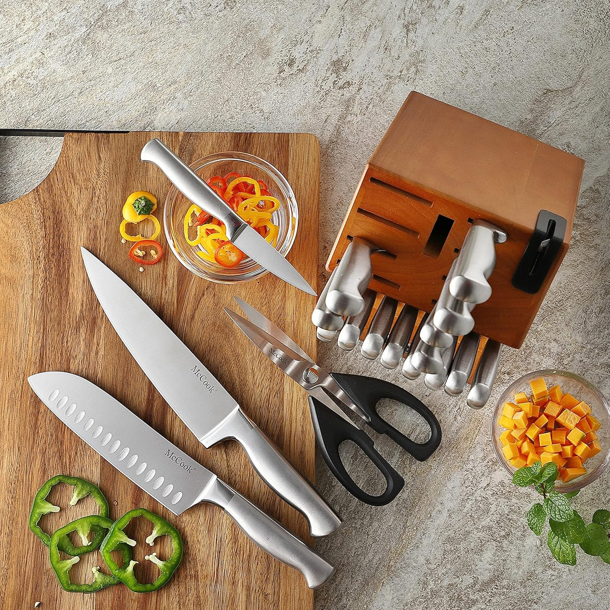 ® Knife Sets, German Stainless Steel Kitchen Knife Block Sets with Built-in Sharpener, 15 Piece Chef Knife and More, Razor Sharp, Restaurant Grade, Anti-Rust, Elegant Box for Gift