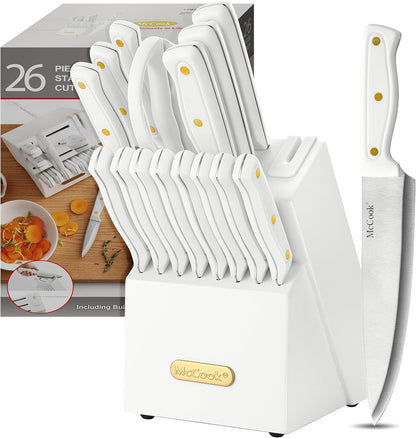 ® Knife Sets, German Stainless Steel Kitchen Knife Block Sets with Built-in Sharpener, 15 Piece Chef Knife and More, Razor Sharp, Restaurant Grade, Anti-Rust, Elegant Box for Gift