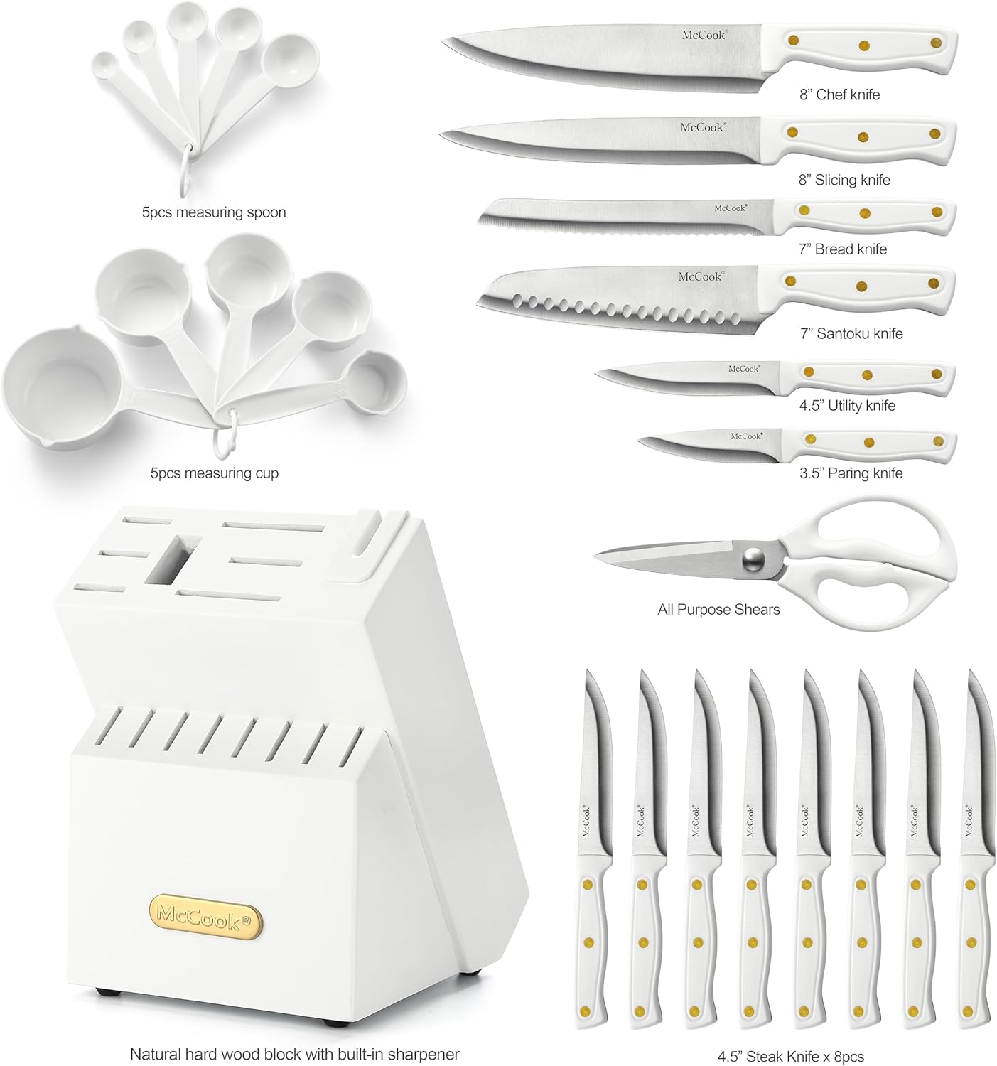 ® Knife Sets, German Stainless Steel Kitchen Knife Block Sets with Built-in Sharpener, 15 Piece Chef Knife and More, Razor Sharp, Restaurant Grade, Anti-Rust, Elegant Box for Gift